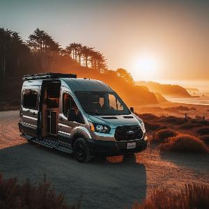 Ford Transit 350 HD extended camper van, van life in Mendocino at sunset-2